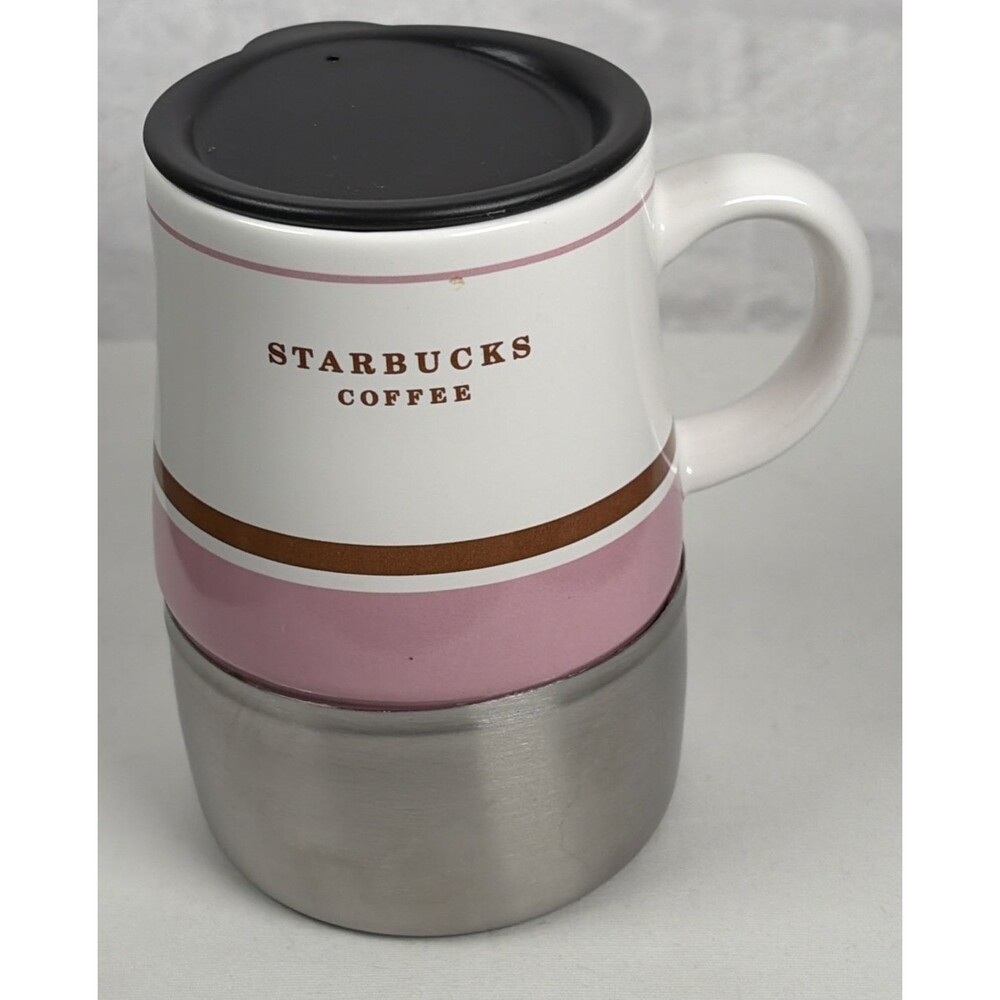 Vintage 2006 Starbucks Coffee Cup 14 fl oz Pink White Ceramic Stainless Steel